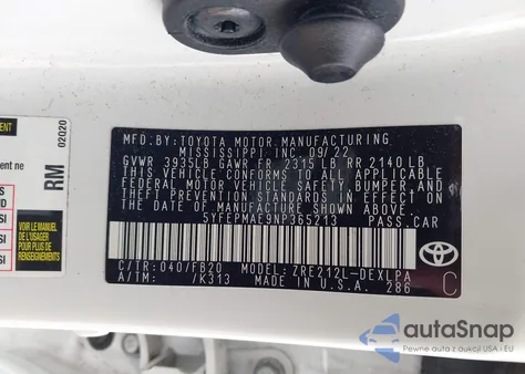 2022 Toyota Corolla Le z USA, uszkodzony, nr VIN 5YFEPMAE9NP365213